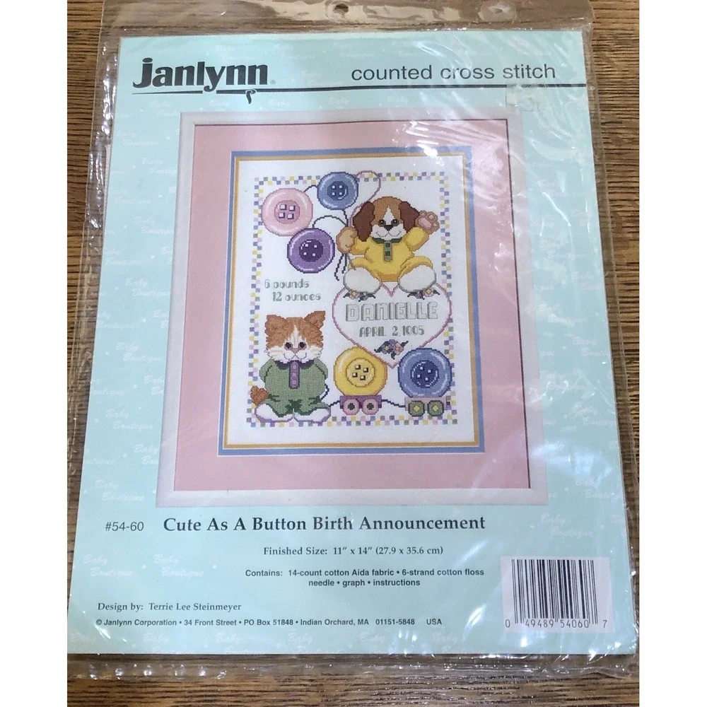 JANLYNN Counted Cross Stitch Kit CUTE AS A BUTTON BIRTH‎ ANNOUNCEMENT 54-60 Cat